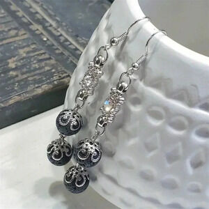 Volcanic Lava Gemstone Lacy Silver Clear Crystal Dangle Earrings